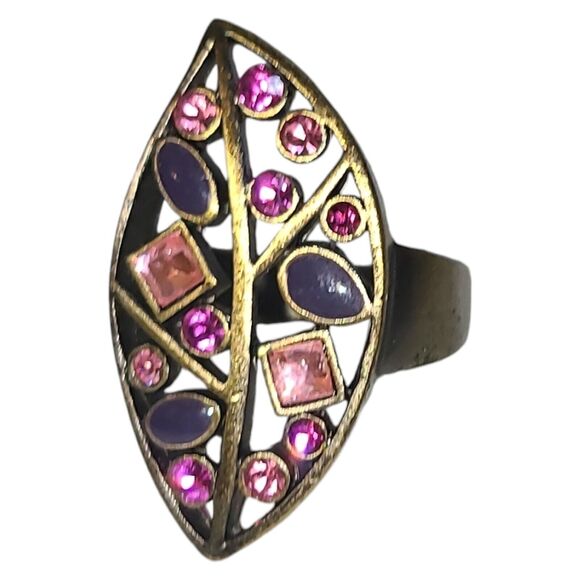 Pink & Purple Rhinestones Bronze Leaf Cut Out Cocktail Ring Size 7 - Picture 1 of 6